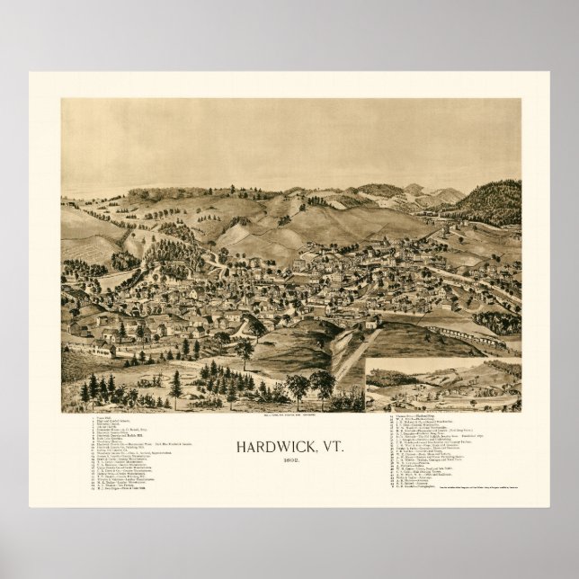 Póster Mapa panorámico de Hardwick, VT - 1892 (Frente)