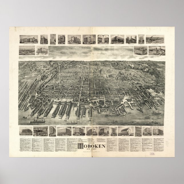 Póster Mapa Panorámico de Hoboken, NJ Birds Eye View 1904 (Frente)