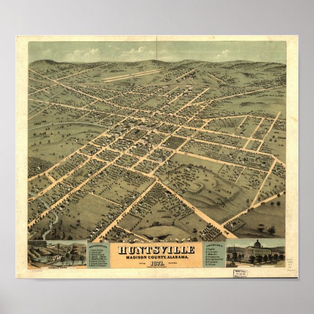 Póster Mapa panorámico de Huntsville Alabama 1871 (Frente)