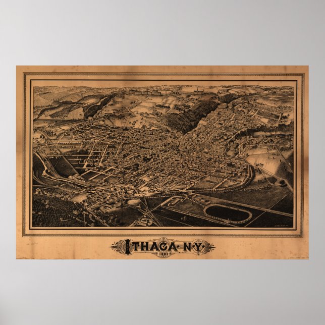 Póster Mapa Panorámico de Ithaca, NY Birds View 1882 (Frente)