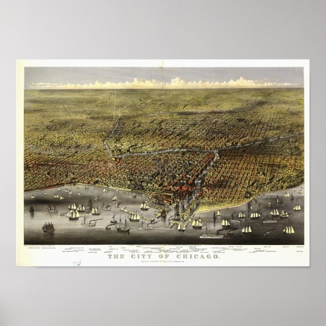 Póster Mapa Panorámico de la Antigua Chicago Illinois 187 (Frente)