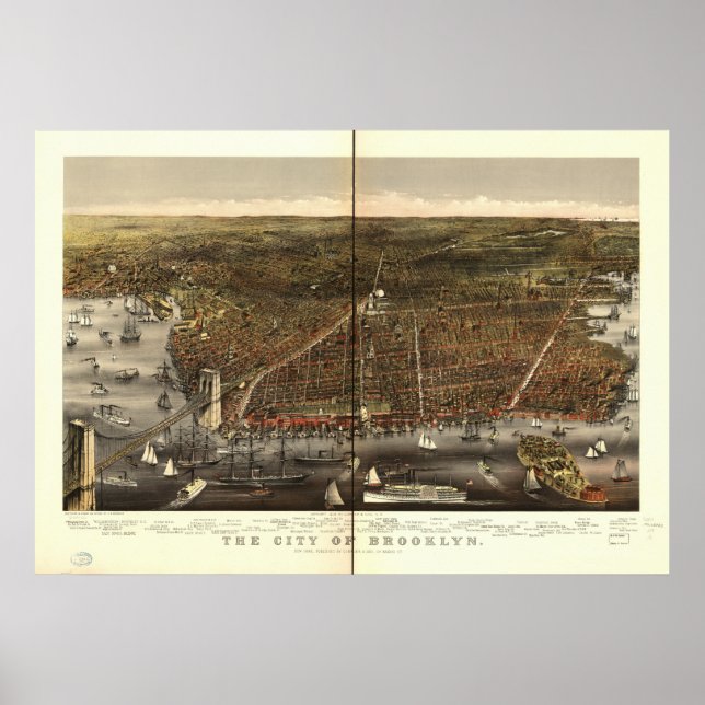 Póster Mapa Panorámico de la Antigua Nueva York 1879 de B (Frente)