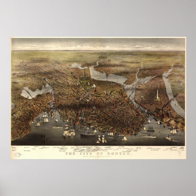 Póster Mapa Panorámico de la Antigüedad 1873 en Boston Ma (Frente)