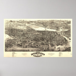 Póster Mapa Panorámico de la Antigüedad 1880 en Boston Ma