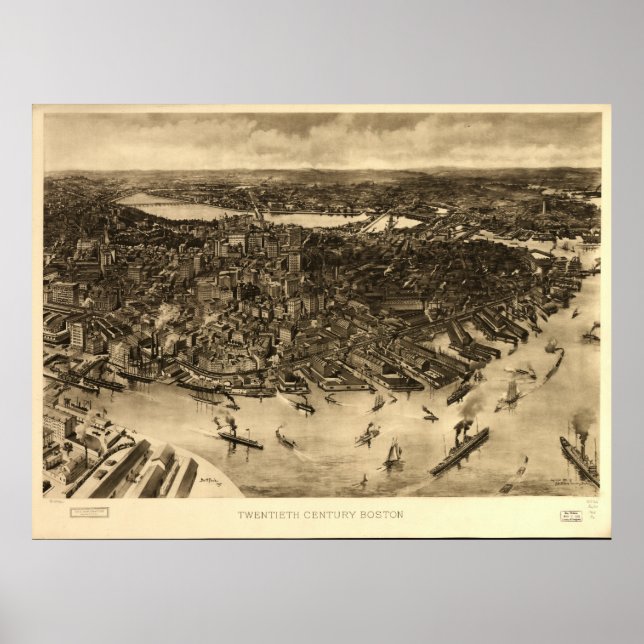 Póster Mapa Panorámico de la Antigüedad 1905 en Boston Ma (Frente)