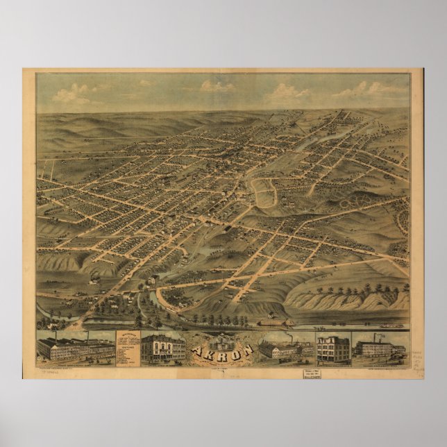 Póster Mapa Panorámico de la Antigüedad de Akron Ohio 187 (Frente)