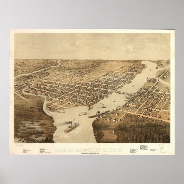 Póster Mapa panorámico de la Bahía Verde WI 1867 (Frente)