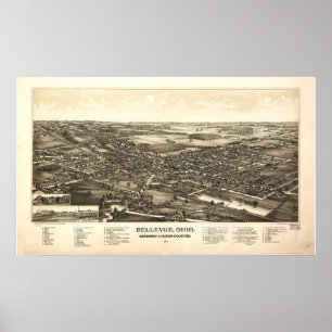Póster Mapa Panorámico de la Bellevue Ohio 1888