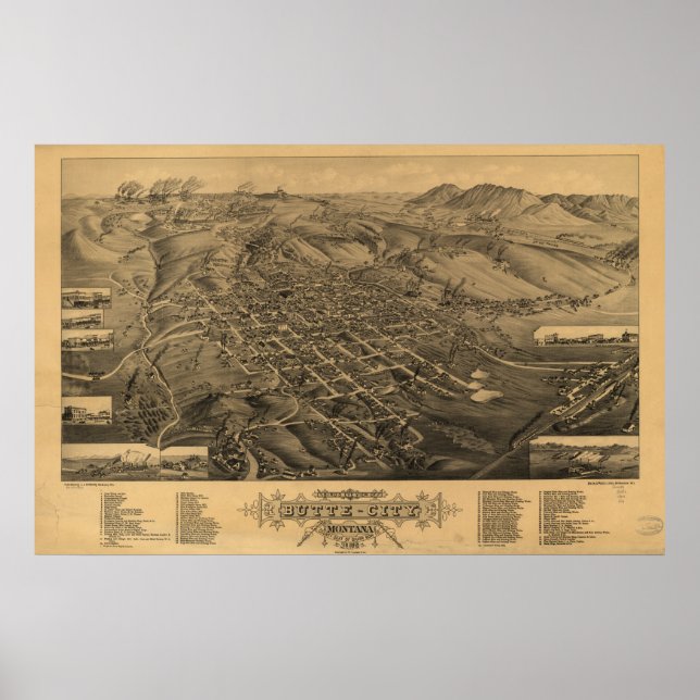 Póster Mapa panorámico de la Butte Montana 1884 (Frente)
