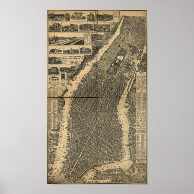 Póster Mapa Panorámico de la Ciudad de Nueva York 1879 (Frente)