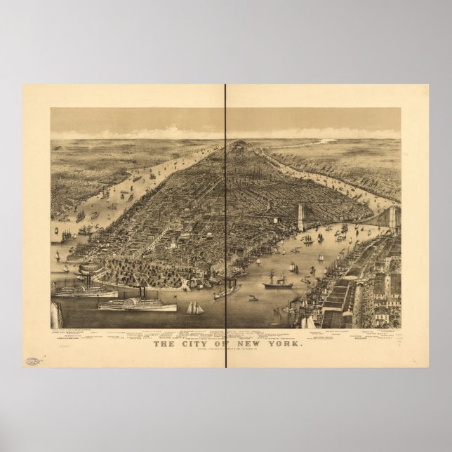 Póster Mapa Panorámico de la Ciudad de Nueva York 1886 (Frente)