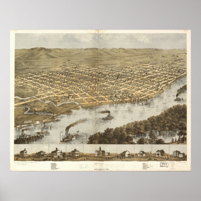 Póster Mapa Panorámico de La Crosse WI 1867 (Frente)