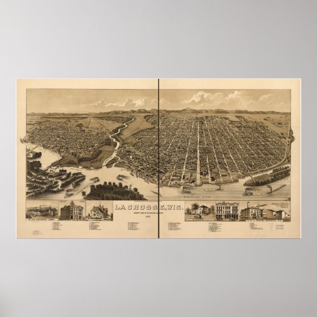 Póster Mapa Panorámico de La Crosse WI 1887 (Frente)