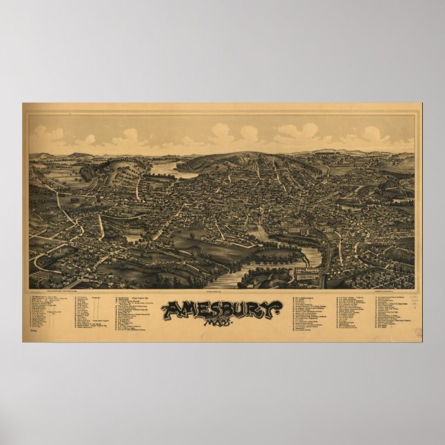 Póster Mapa panorámico de la época de Amesbury Massachuse (Frente)