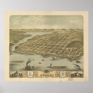 Póster Mapa panorámico de la época de Hudson WI 1870