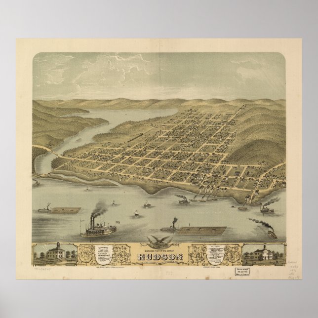 Póster Mapa panorámico de la época de Hudson WI 1870 (Frente)