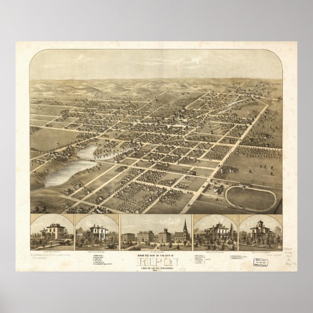 Póster Mapa panorámico de la época Ripon WI 1867 (Frente)