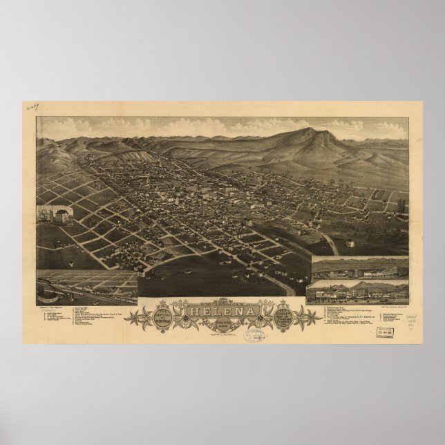 Póster Mapa Panorámico de la Helena Montana 1883 (Frente)