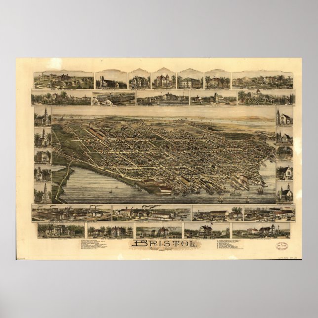 Póster Mapa Panorámico de la Isla Bristol Rhode 1891 (Frente)