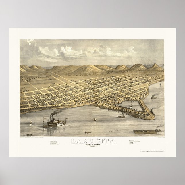 Póster Mapa panorámico de Lake City, MN - 1867 (Frente)