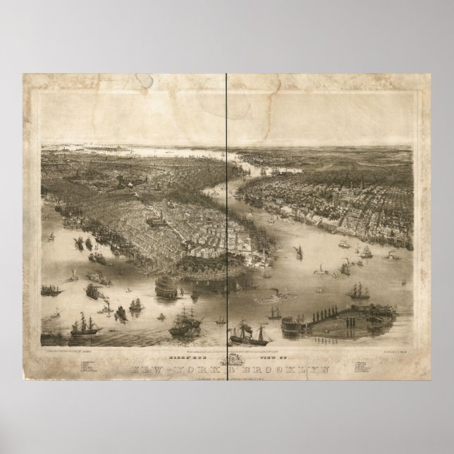 Póster Mapa panorámico de las aves de Nueva York y Brookl (Frente)