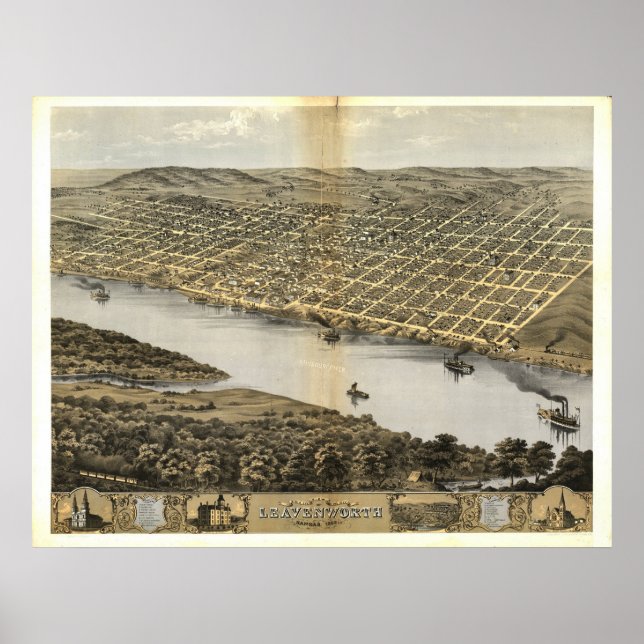 Póster Mapa Panorámico de Leavenworth Kansas 1869 (Frente)