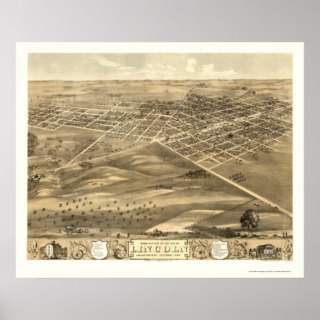 Póster Mapa panorámico de Lincoln, IL - 1869 (Frente)