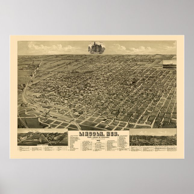 Póster Mapa Panorámico de Lincoln, NE - 1889 (Frente)