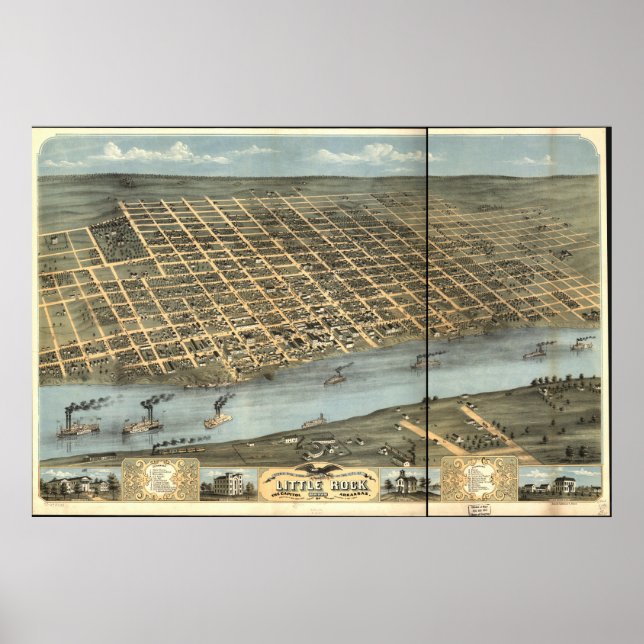 Póster Mapa Panorámico de Little Rock Arkansas 1871 (Frente)