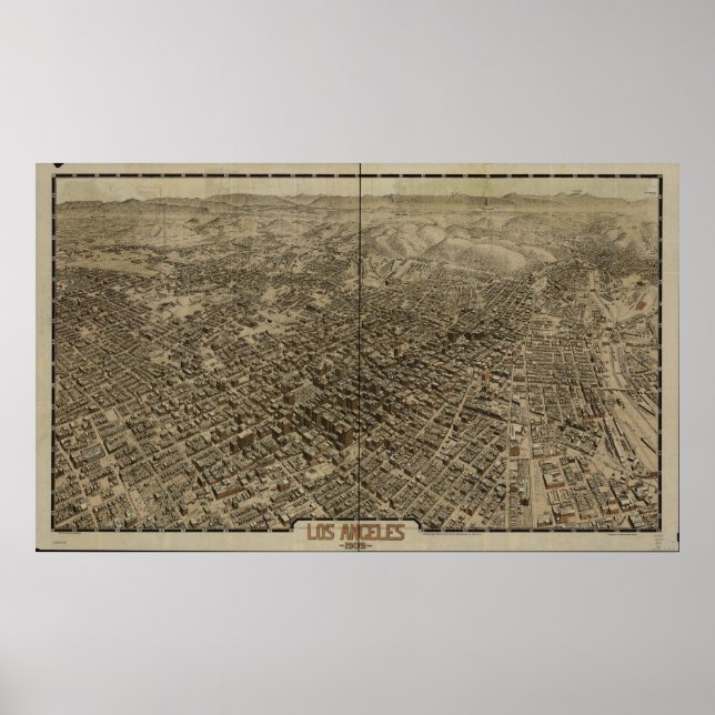 Póster Mapa Panorámico de Los Ángeles California 1909 (Frente)
