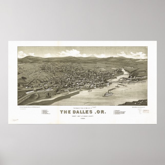 Póster Mapa Panorámico de los Dalles Oregon 1884 (Frente)