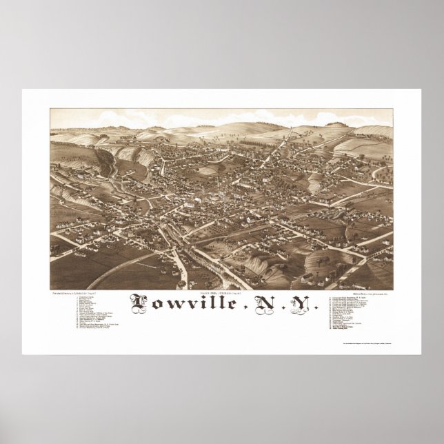 Póster Mapa Panorámico de Lowville, Nueva York - 1885 (Frente)