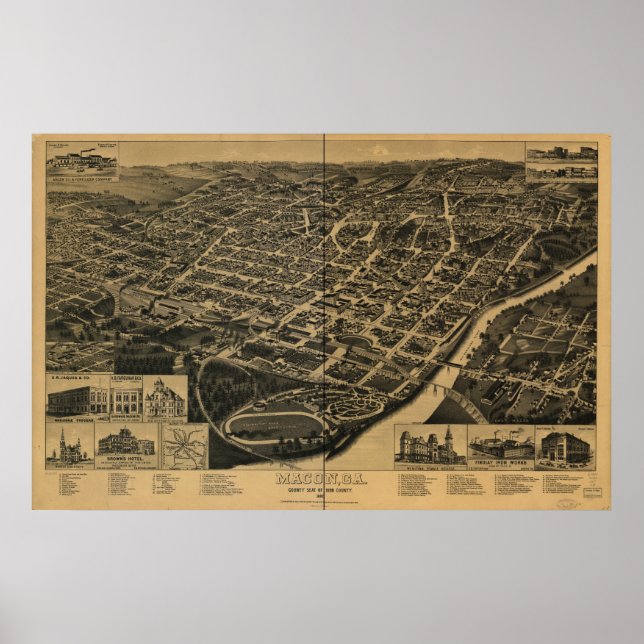 Póster Mapa panorámico de Macon Georgia 1887 (Frente)