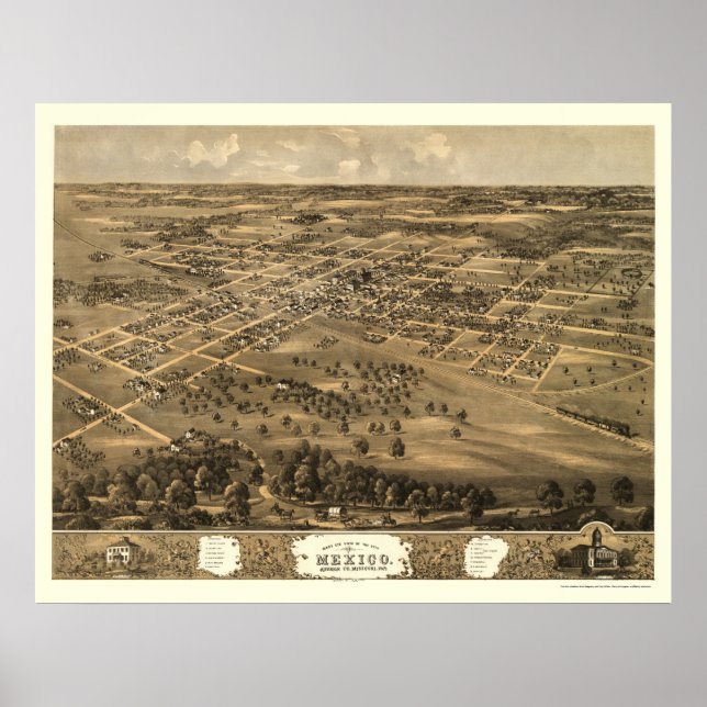 Póster Mapa Panorámico de México, MO - 1869 (Frente)