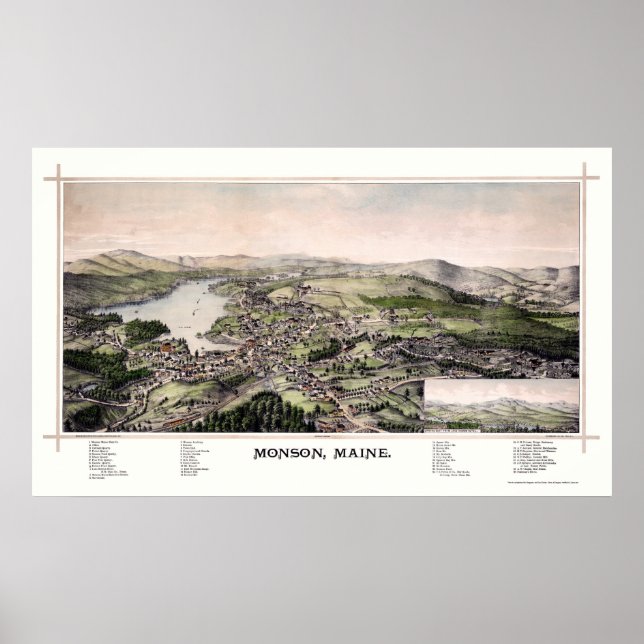 Póster Mapa panorámico de Monson, ME - 1889 (Frente)