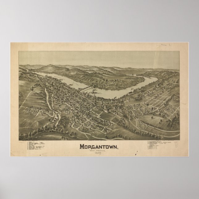 Póster Mapa panorámico de Morgantown 1897, WV BirdView (Frente)