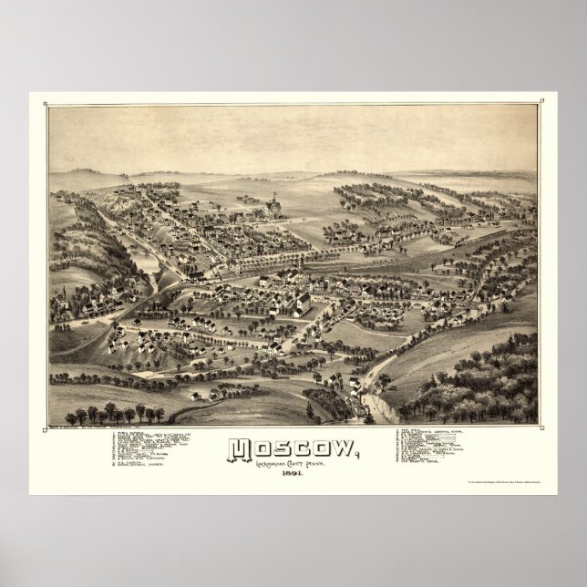 Póster Mapa Panorámico de Moscú, PA - 1891 (Frente)