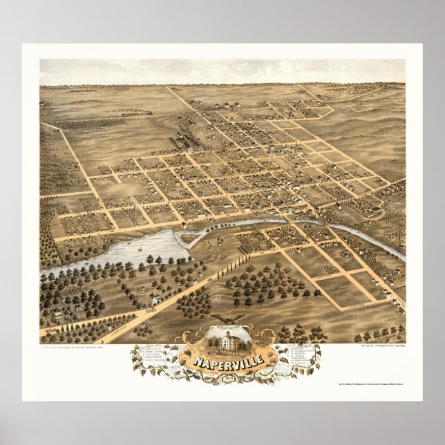 Póster Mapa Panorámico de Naperville, IL - 1869 (Frente)