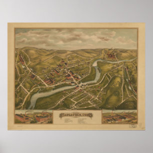 Póster Mapa Panorámico de Naugatuck CT Birds View 1877