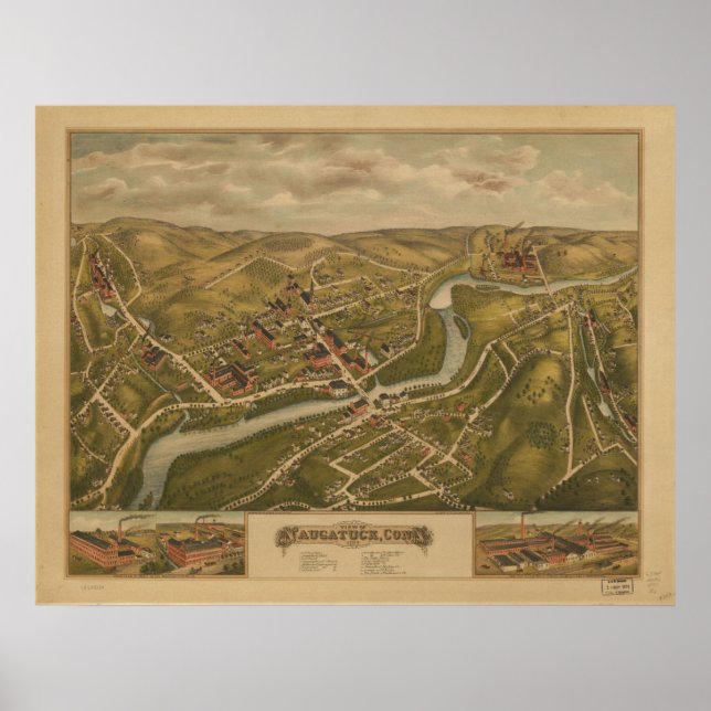 Póster Mapa Panorámico de Naugatuck CT Birds View 1877 (Frente)