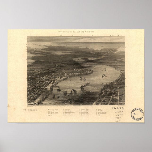 Póster Mapa panorámico de New Orleans Louisiana 1863 (Frente)