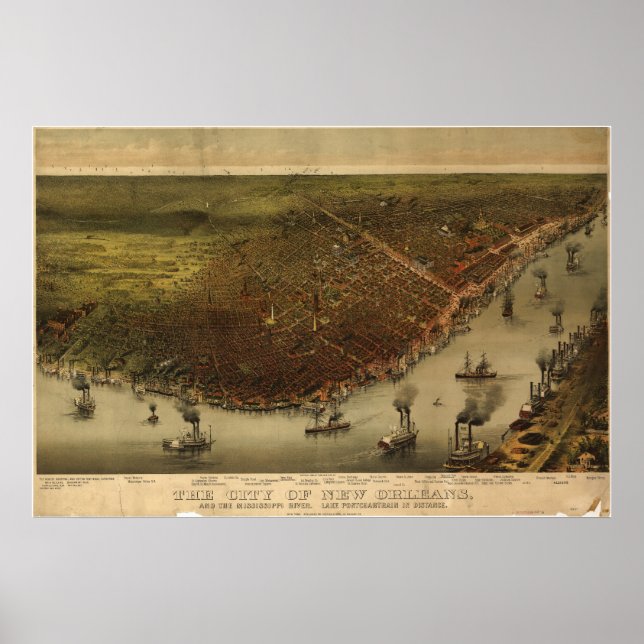 Póster Mapa panorámico de New Orleans Louisiana 1885 (Frente)