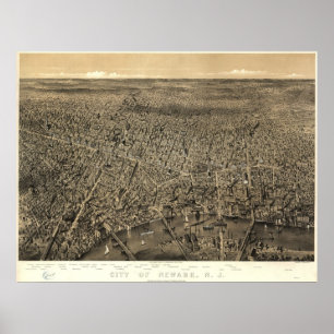 Póster Mapa Panorámico de Newark, NJ Birds Eye View 1874