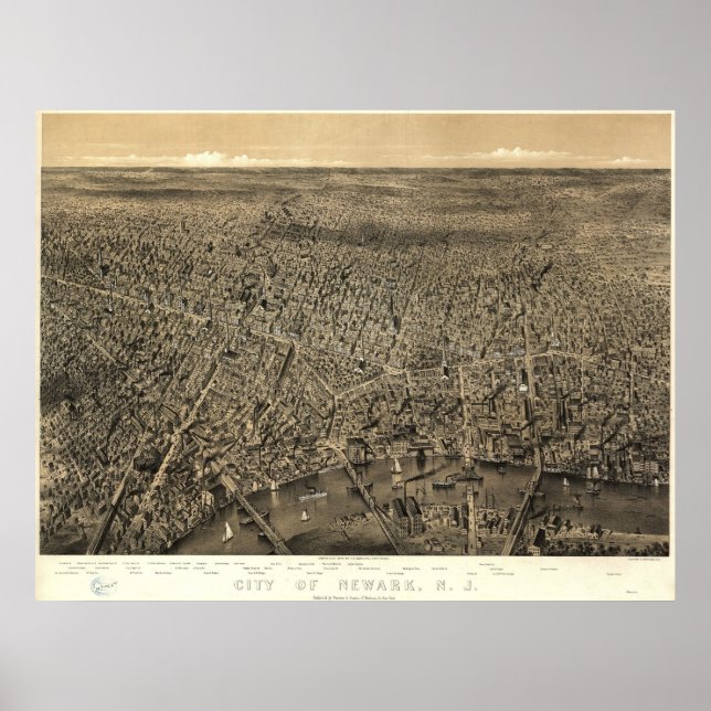 Póster Mapa Panorámico de Newark, NJ Birds Eye View 1874 (Frente)