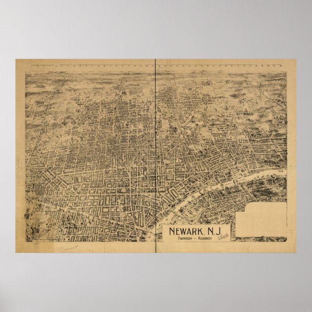 Póster Mapa Panorámico de Newark, NJ Birds Eye View 1895 (Frente)