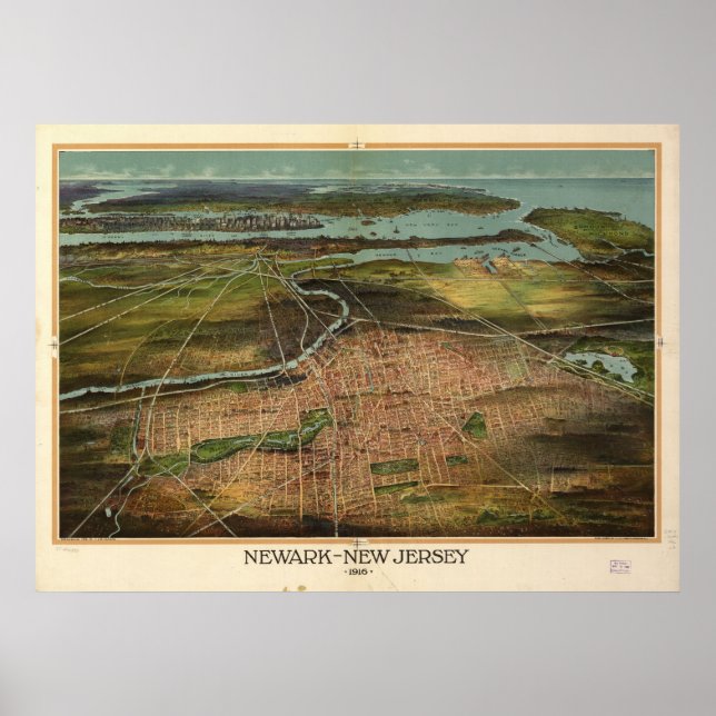 Póster Mapa Panorámico de Newark, NJ Birds Eye View 1916 (Frente)
