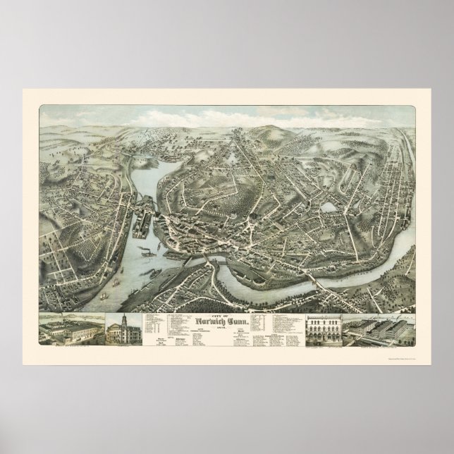 Póster Mapa Panorámico de Norwich CT - 1876 (Frente)