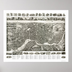 Póster Mapa panorámico de Norwich CT - 1912