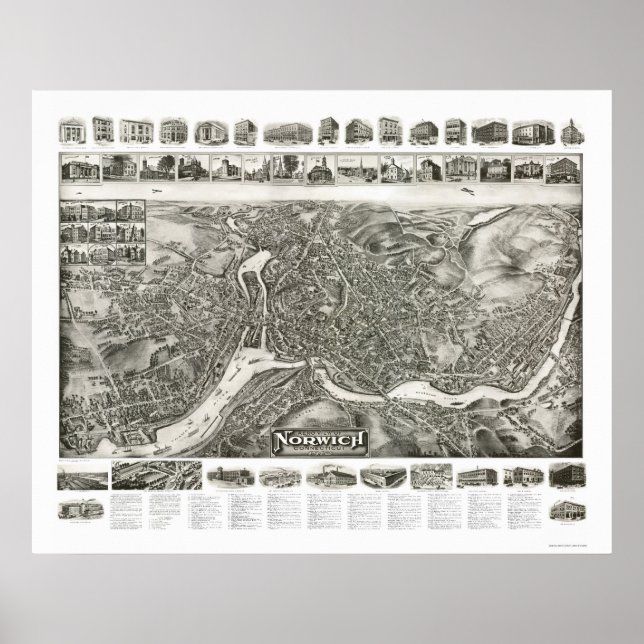 Póster Mapa Panorámico de Norwich CT - 1912 (Frente)
