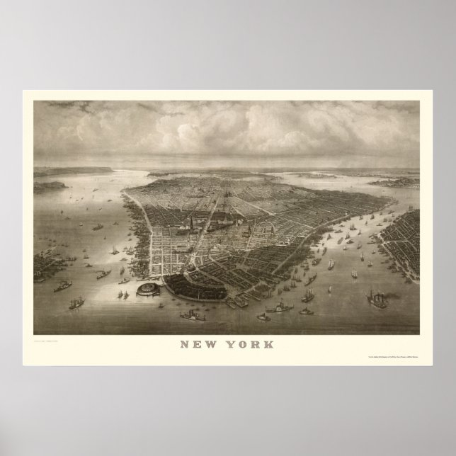 Póster Mapa Panorámico de Nueva York, 1851 (Frente)